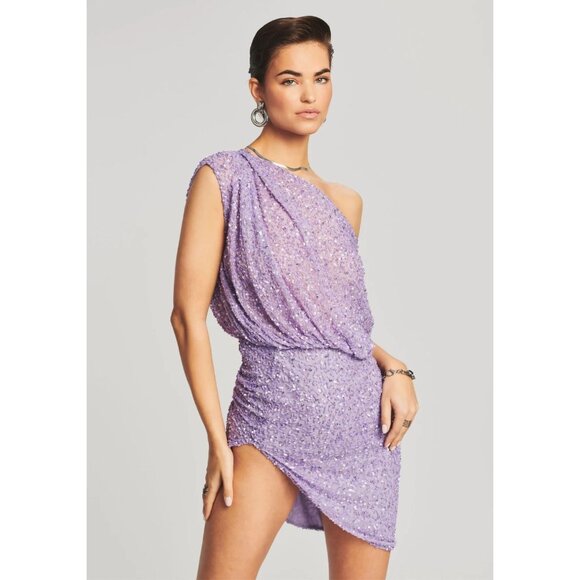 NWT Retrofete Jean Sequin Dress Lavender Purple Beaded Mini Off-Shoulder Medium NWT Retrofete Jean Sequin Dress Lavender Purple Beaded Mini Off-Shoulder Medium